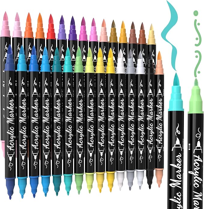 30 Colors Acrylic Paint Pens Markers Waterproof Dual Tip Acrylic Marker Set by TOSHARE