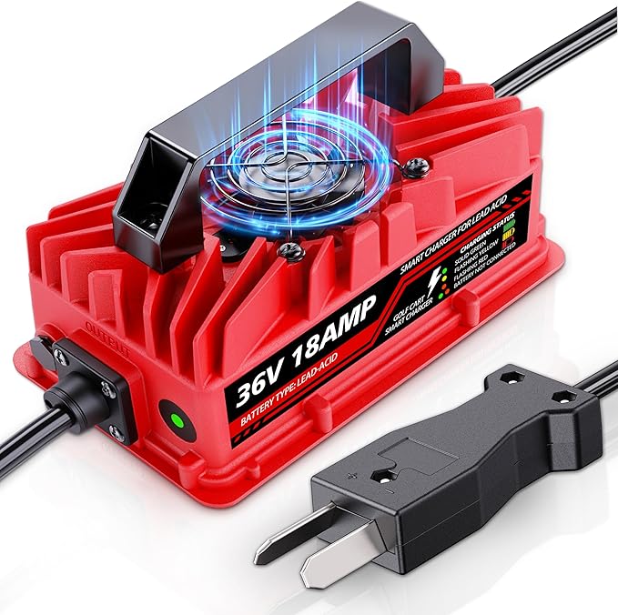 18 Amp 36 Volt Golf Cart Battery Charger for EZGO & Yamaha - Crowfoot Plug, Smart Charger for Lead-Acid Batteries, IP67 Waterproof, Multi-Protection, Unique Design (Red)