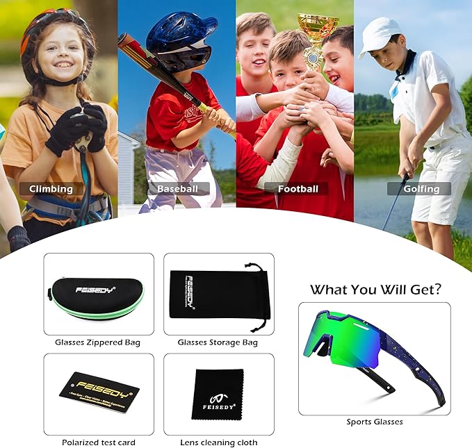 FEISEDY Kids Sunglasses Youth Baseball Sun Glasses, UV400 Sports Teens Cycling Shades for Boys Girls Age 8-16 B0048