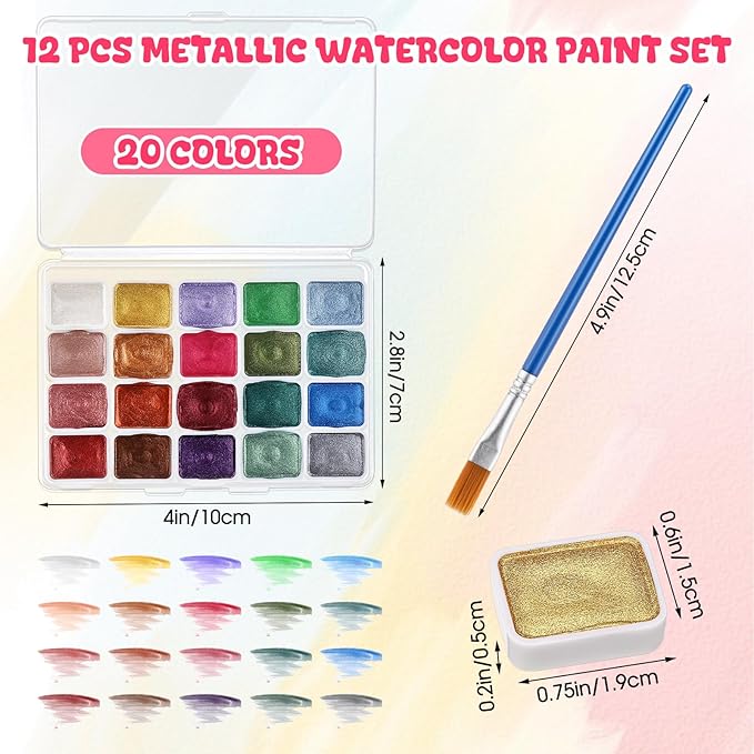 Nuanchu 12 Sets Metallic Watercolor Paint Set 20 Colors Glitter Solid Water - Image 2