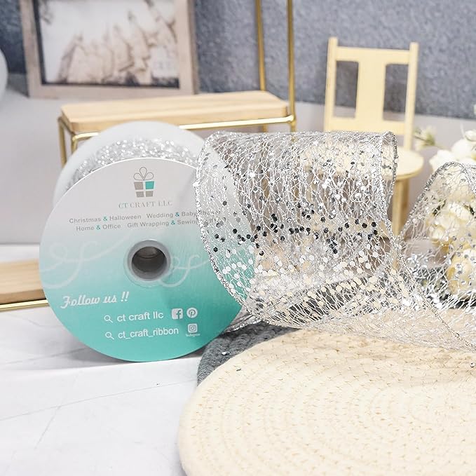 CT CRAFT LLC Sparkling Glitter Mesh Wired Ribbon 4" x 10 Yards Silver - Image 4