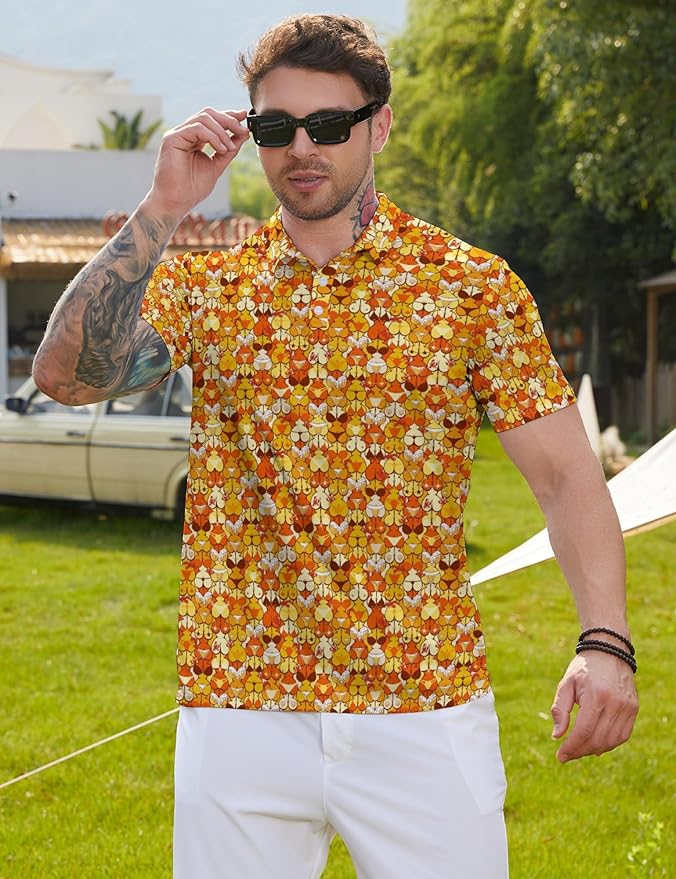 HUURAY Funny Golf Polos for Men Funny Print Short Sleeve Shirts Quick Dry Polo Shirts Hawaiian Shirt Performance Golf Outfits