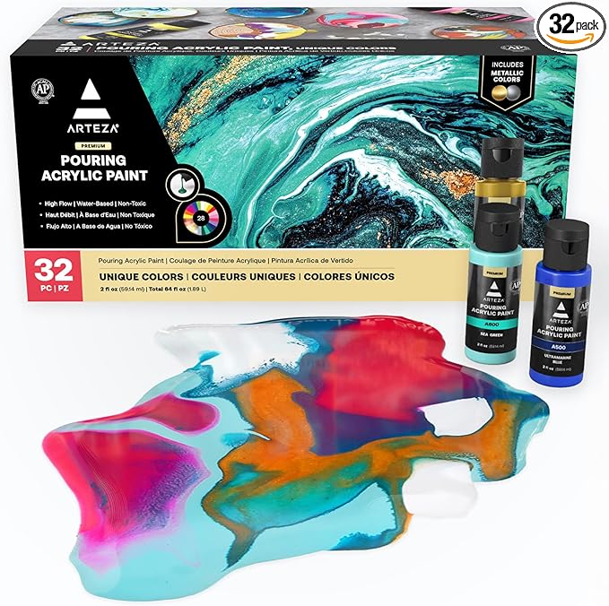 ARTEZA Acrylic Pouring Paint Set of 32, 2 ounce Bottles, High Flow Paint by ARTEZA