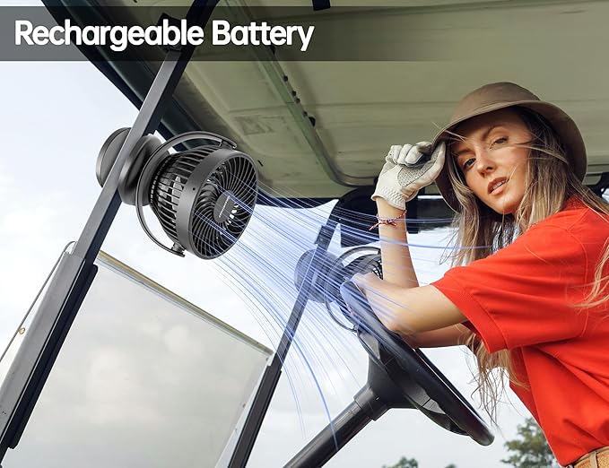 Golf Cart Rechargeable Fan Compatible with EZGO Club Car Yamaha, Golf Palyer Summer Essential 3 Powerful Speeds Clip on Fan with 360° Pivot, 13 Hrs Run Cordless, Battery Operated for Golf Cart