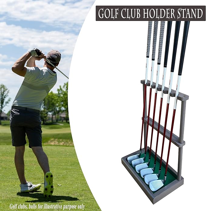 Golf Club Holder Stand, Wooden Golf Putter Stand Floor Display Rack, Golf Club Organizer Hold up to 6 Clubs and Ball Storage, Putter Rack for Indoor Club Simulator or Office
