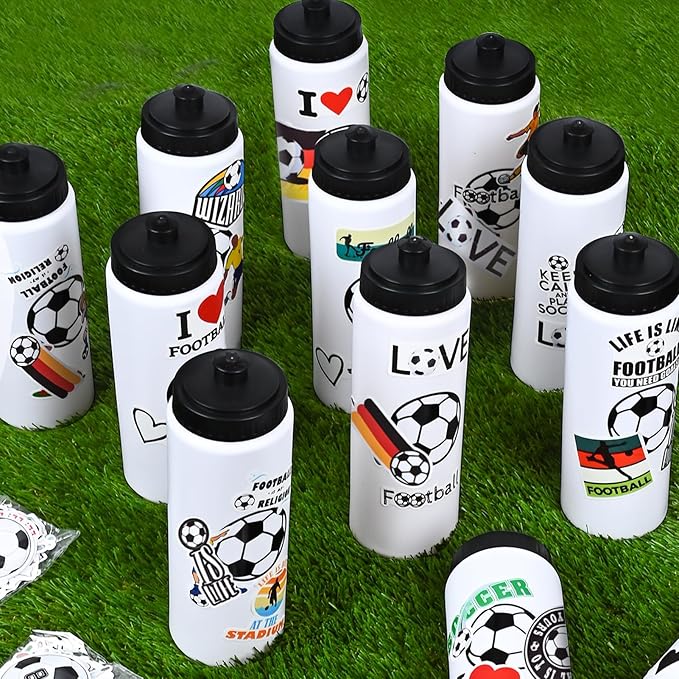 Soccer Party Favors, 12 Pack Soccer Water Bottles with 300 PCS Stickers, 20 oz Sports Squeeze Bottle, BPA-Free Reusable Water Bottles Bulk for Boys, Gifts For Team