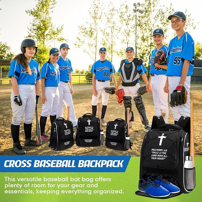 Christian Baseball Bag Cross Baseball Backpack for Youth Adult Religious T-Ball Softball Equipment Gear with Separate Shoes Compartment Fence Hook for Helmet & Accessories