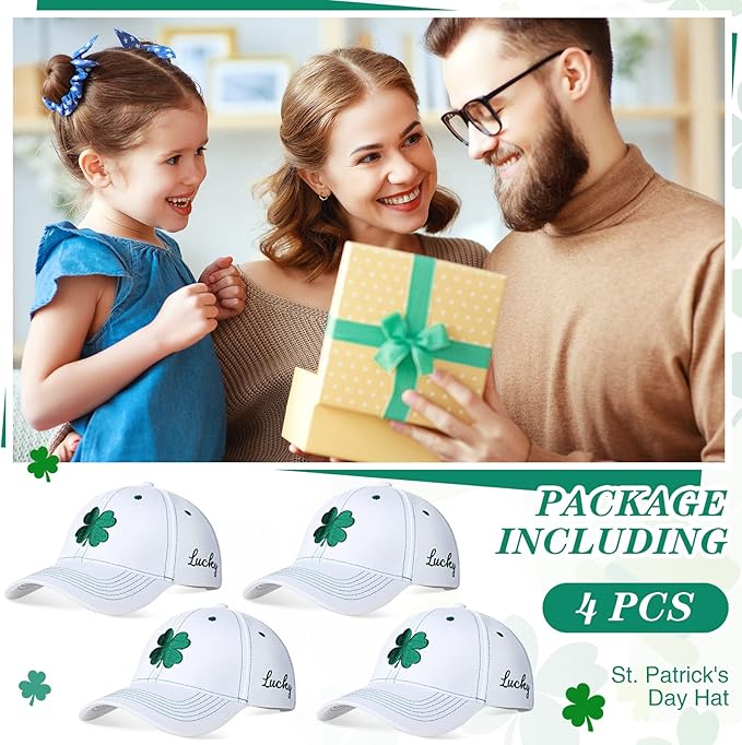Tigeen 4 Pcs St Patricks Day Clover Caps Shamrock Hat Ireland Irish 4 Leaf St. Patrick's Day Hat Gift Men Women Baseball Cap