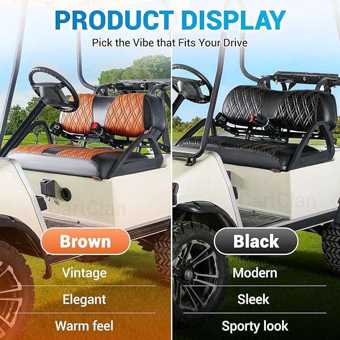 Golf Cart Seat Covers Suitable for 2000.5-UP Club Car DS Standard Front Seat Cushion, Golf Cart Front Seat Covers Kit No Drilling & Waterproof (Black PVC Leather & Brown Stitching)