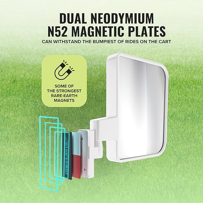 Stripebird - Magnetic Golf Cart Mirrors 2.0 (White) - No Drilling - Ultra-Strength Magnet - 2 Folding Side Mirrors - EZ Go Accessory - Club Car Accessory - Golf Cart Accessory