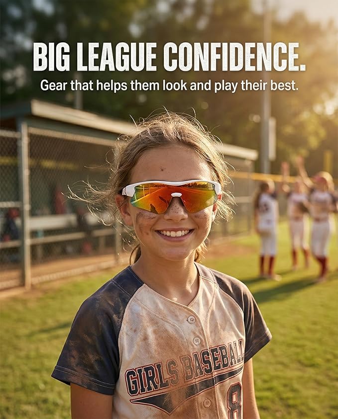 maivnz Youth Baseball Sunglasses for Boys and Girls Ages 6-12, Kids Sports Glasses for Softball Cycling, Helmet Compatible