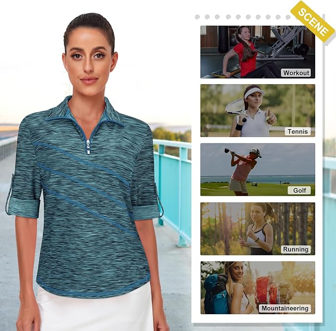 Koscacy Women's 3/4 Roll Sleeve Golf Tennis Polo Shirts UPF50+ Half Zip Dry Fit Workout Tops Athletic Shirt
