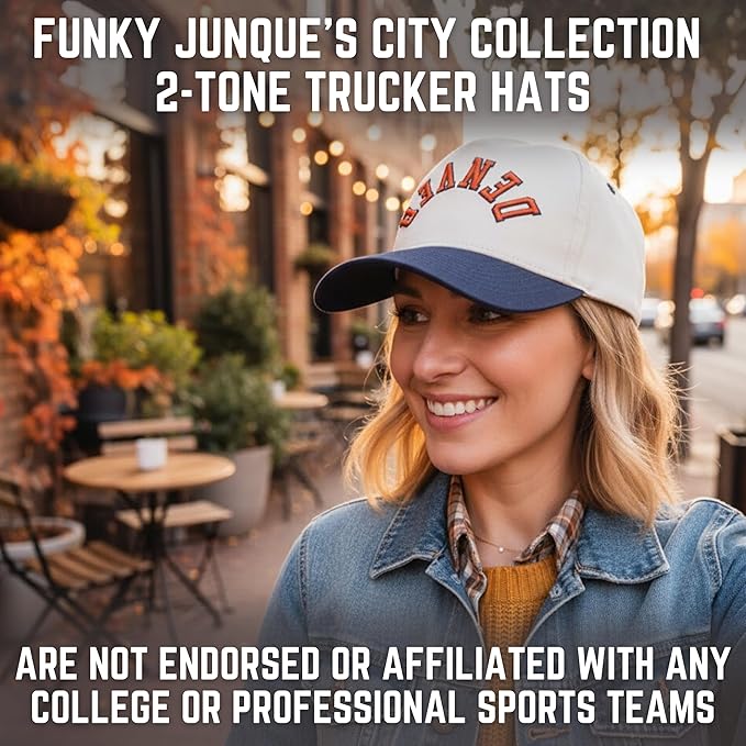 Funky Junque Upside Down City Trucker Hat for Men and Women – Unisex 3D Embroidered Gameday Baseball Cap, Retro Snapback Hats