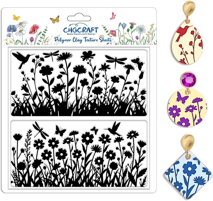 CHGCRAFT Wildflowers Silhouettes Print Pattern Clay Texture Sheet Butterflies by chgcraft