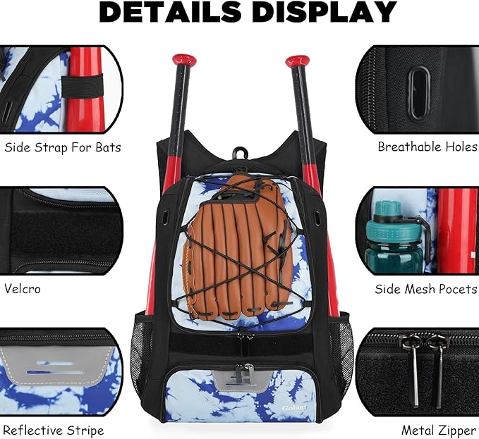 Goloni | Baseball Backpack,Baseball Bag for Adult,Softball Bat Bag with Shoes Compartment,Large Main Compartment for Helmet & accessories, Fence Hook