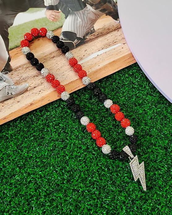 Baseball Necklace for Men 16/18/20 Inch Bling Ice Collection Lightning Bolt Pendant Necklace for Women Rhinestone Clay Beaded Discoball Accessories Gifts for Baseball Team Players Lovers