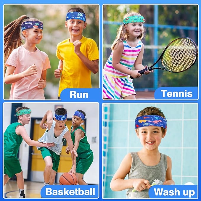 6Pcs Breathable Sports Sweatbands for Kids - Ages 4-10 Boys Girls Sweat Wicking Non Slip Elastic Hairbands, Athletic Headbands Accessories Gifts for Football Soccer Basketball Baseball Dance