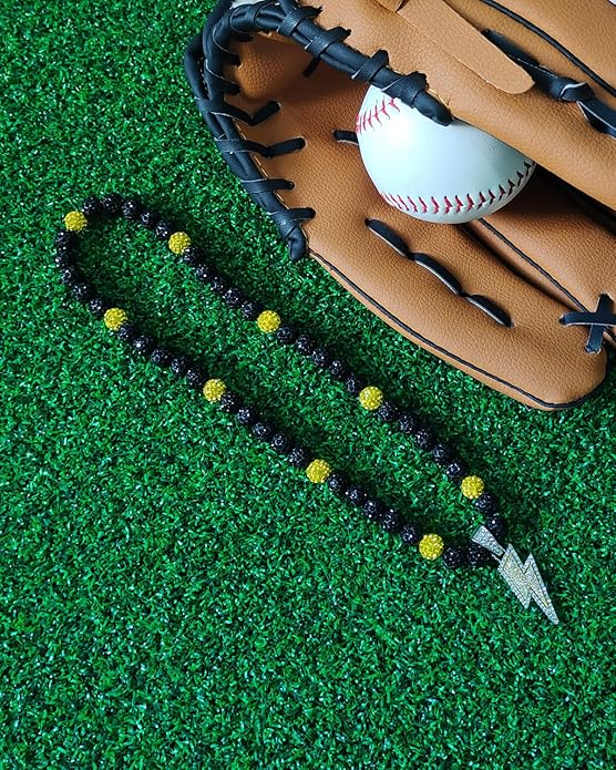 Baseball Necklace for Men 16/18/20 Inch Bling Ice Collection Lightning Bolt Pendant Necklace for Women Rhinestone Clay Beaded Discoball Accessories Gifts for Baseball Team Players Lovers
