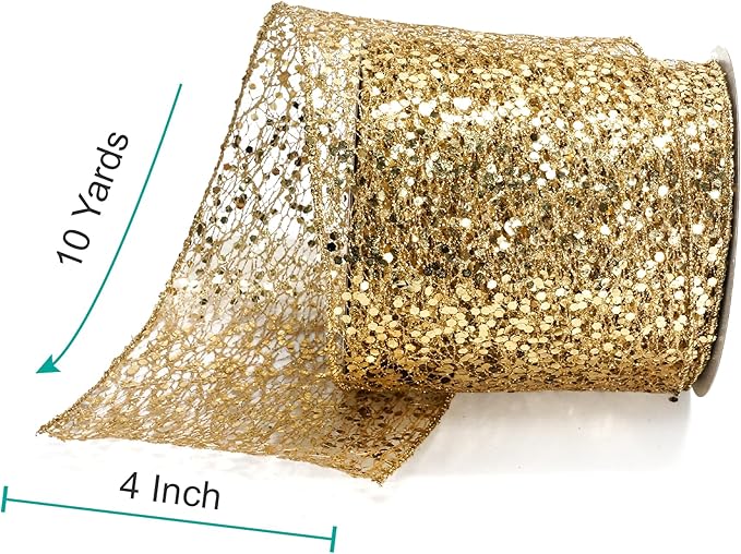 CT CRAFT LLC Sparkling Glitter Mesh Wired Ribbon 4" x 10 Yards Gold - Image 2