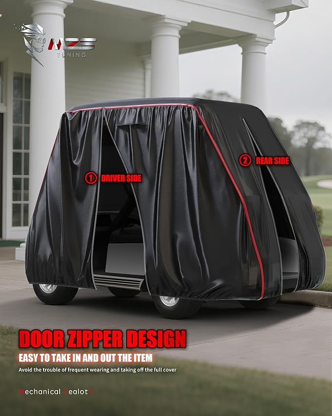 MZS Golf Cart Cover Compatible with 2/4/4+2 Passenger Car, Heavy Duty 600D Waterproof Golf Cart Covers Outdoor Accessories with Zipper Cotton Wind Sun Rain Proof Reflective Vents