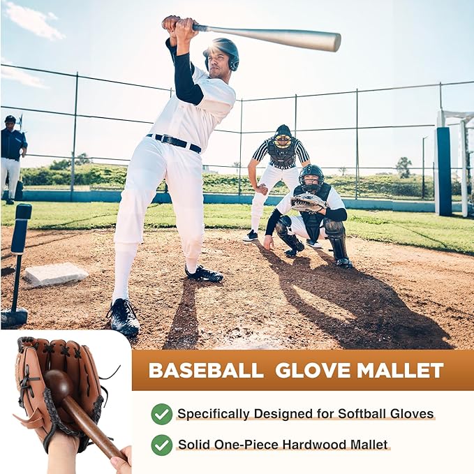 Hollowfly Baseball & Softball Glove Mallet-12 Inch Wooden Hammer with Leather Rope, Durable Glove Pocket Break-in Tool