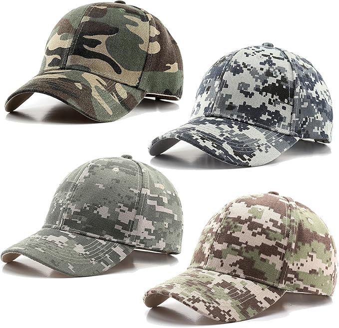 4 Pack Camo Baseball Caps, Unisex Structured Plain Baseball Hats, Army Military Camouflage Hat for Sport Tactical Game