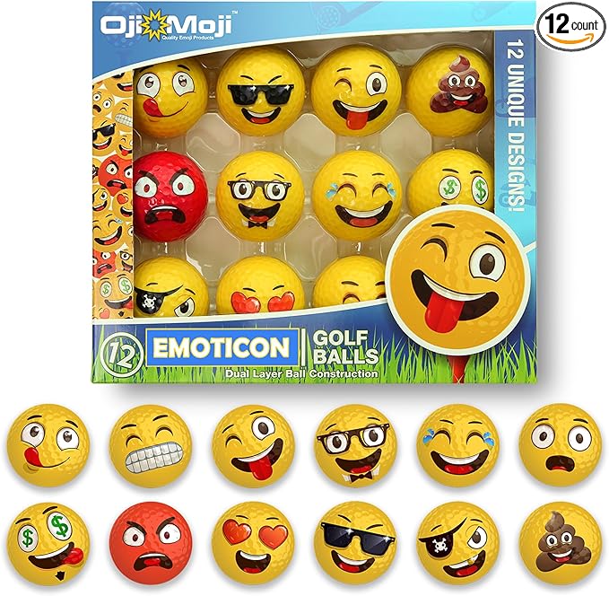Oji Moji Premium Emoticon Golf Balls - Unique Professional 12-Pack - Novelty Golf Gift for All Golfers, Men, Dads, Women and Kids