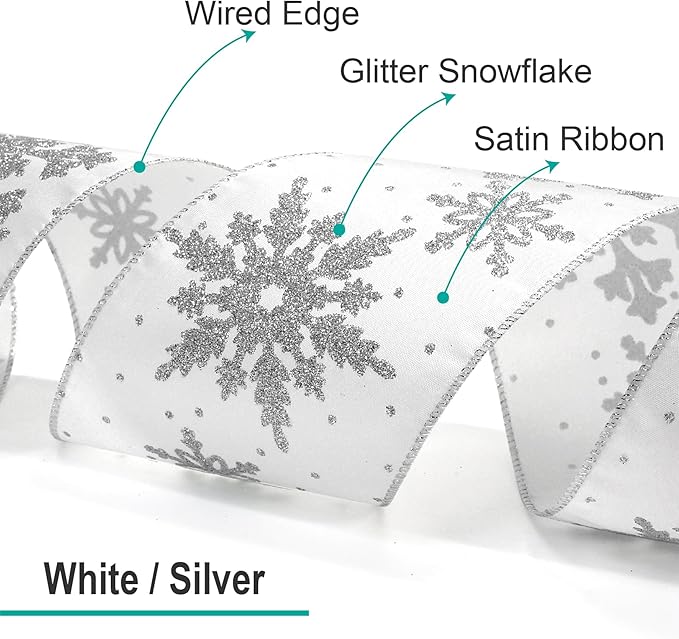 CT CRAFT LLC White Satin with Silver Snowflake Wired Ribbon 4 Inch x 10 Yards - Image 3