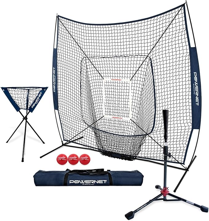 PowerNet Baseball Softball Practice Net 7x7 with Baseball Accessories for Practice Pitching, Batting & Fielding, Ball Caddy, Weighted Baseballs, Tee