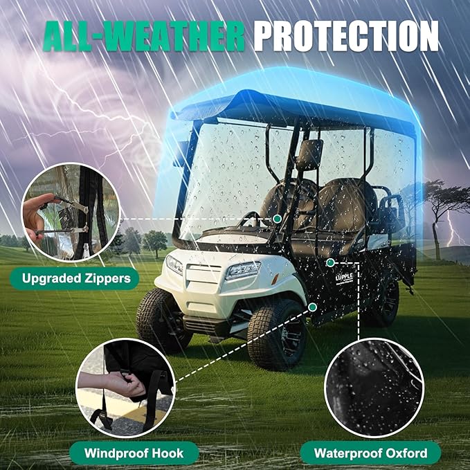 Golf Cart Enclosure 4 Passenger Extended Roof for EZGO/Club Car/Yamaha/ICON, Fits 2+2 Seater Model, 600D Waterproof Rain Cover with Clear PVC Windows and 4-Sided Roll-Up Zipper Doors