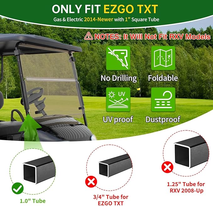 Tinted Golf Cart Windshield 3/16" (5MM) Thicken for 2014-Up EZGO TXT, 41.42" W ×34.64" H, Fits 1"×1" Square Rail Front Foldable Windscreen Glass Shatterproof & Shield UV, Scratch Resistant