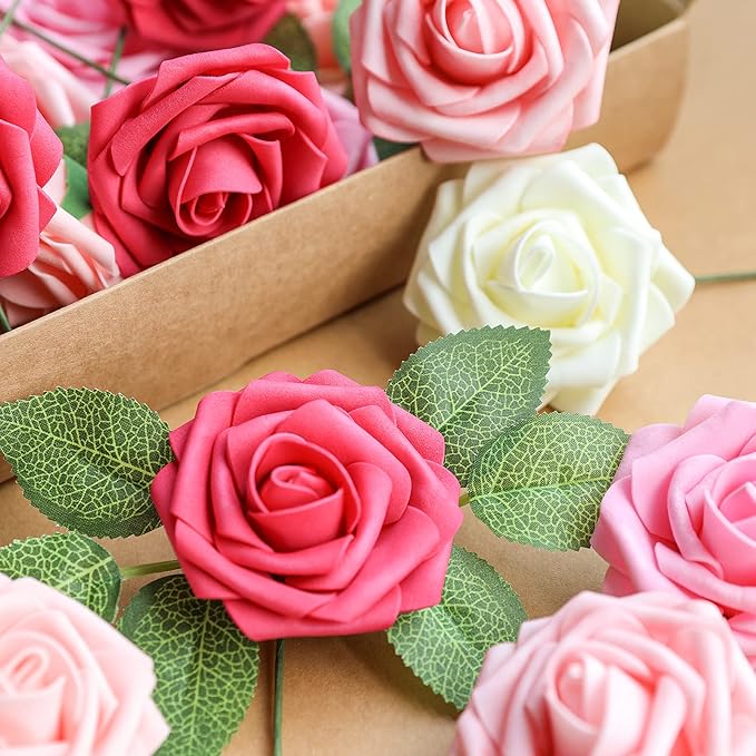 AmyHomie Artificial Flower Seriesa Red Rose 25pcs Real Looking Fake Roses w/Stem - Image 3
