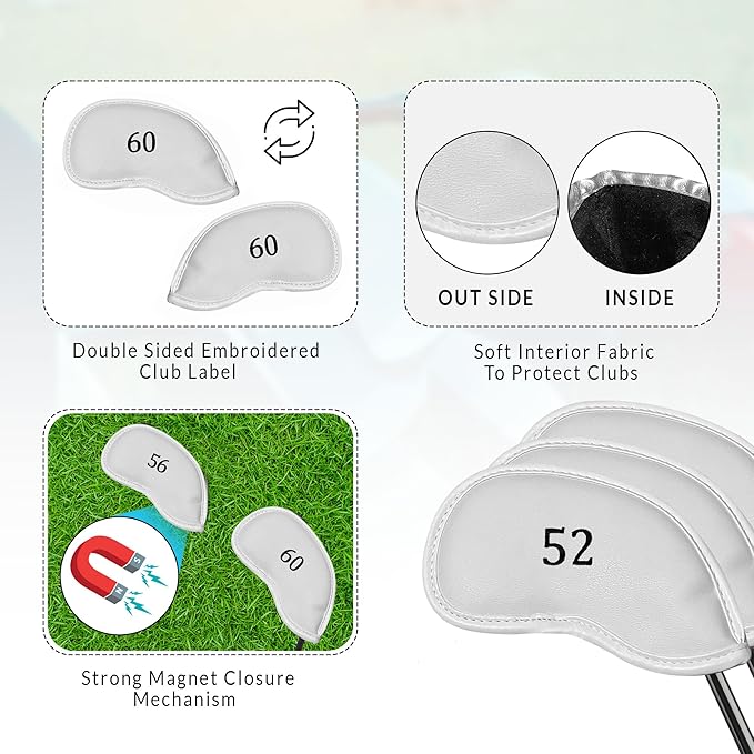 All Teed Up Premium Magnetic Leather Iron and Wedge Golf Club Head Covers | Set of 10 | Fits Most Clubs | Embroidered Club Label on Both Sides of Club Head Cover