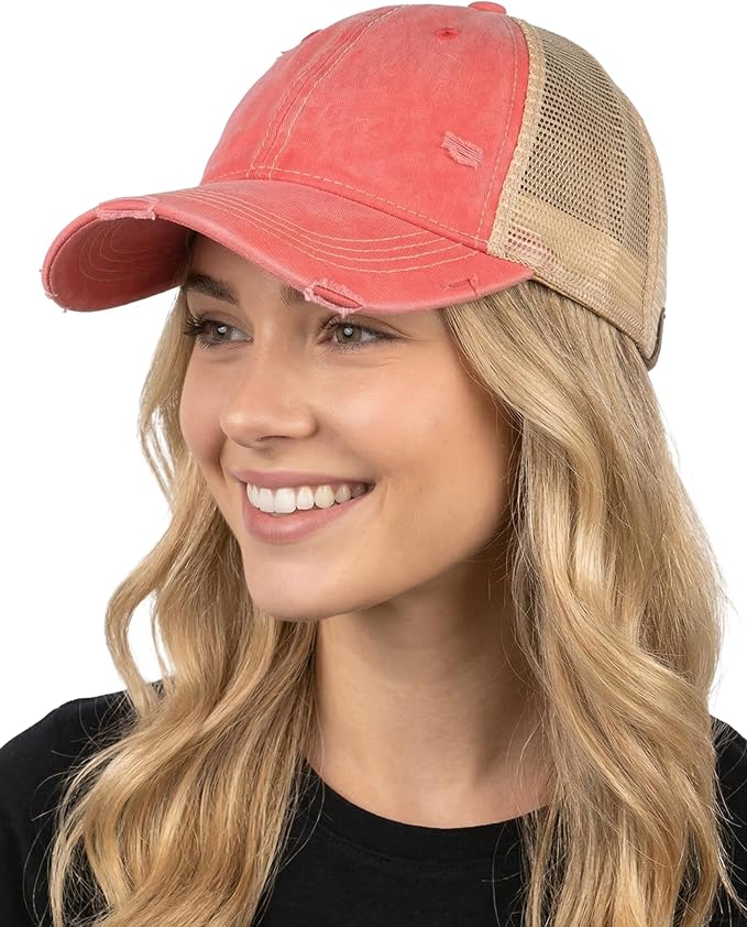 Funky Junque Trucker Hat for Women – Distressed Low Profile Western Camo Baseball Cap with Mesh, Trendy and Adjustable Fit
