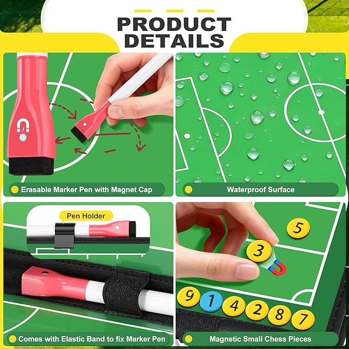 Soccer Coaching Board with Leather Cover, Magnetic Dry Erase Clipboard with Handle for Soccer Coaches | Foldable Full & Half Field Tactics Board with Markers and Clips