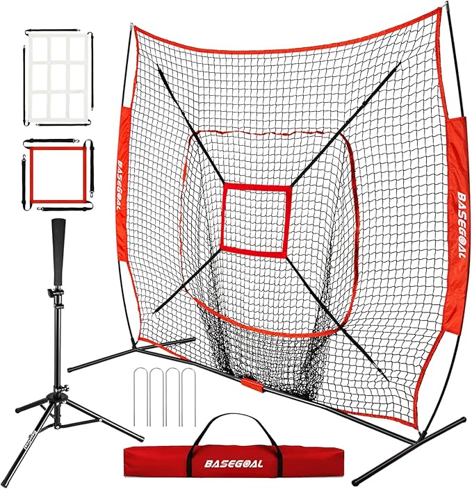 BaseGoal 7'×7' Baseball Softball Practice Net,Baseball Backstop,with Batting Tee,for Hitting Pitching Batting Catching with Bow Frame,Bonus Strike Zone