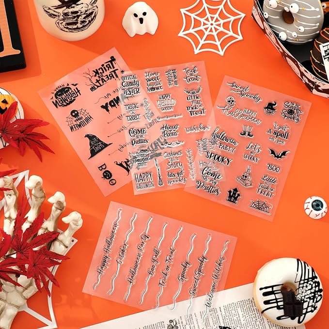 Whaline 4 Sheets Halloween Clear Stamps Greeting Words Pumpkin Bat Silicone - Image 7