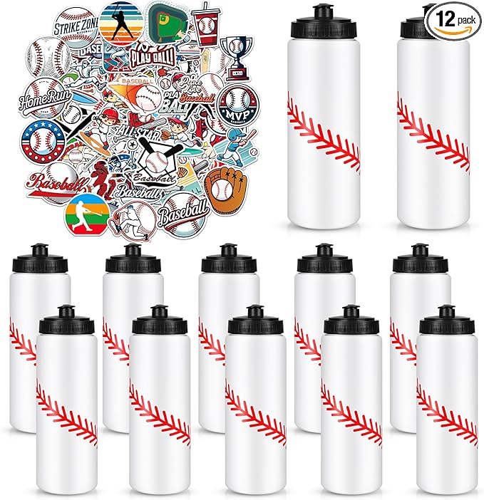 Baseball Party Favors, 12 Pack Baseball Water Bottles with 300 PCS Stickers, 20 oz Sports Squeeze Bottle, BPA-Free Reusable Water Bottles Bulk for Boys, Gifts For Team