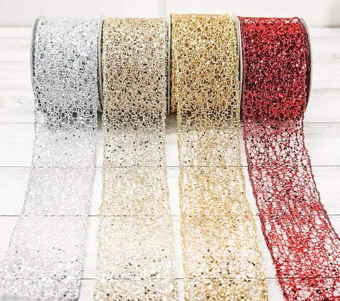CT CRAFT LLC Sparkling Glitter Mesh Wired Ribbon 2.5" x 10 Yards Gold - Image 8