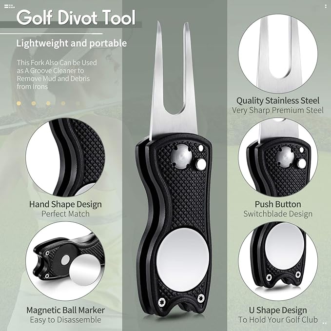 Skylety 6 Packs Golf Repair Tool Stainless Steel Foldable Golf Divot Tool Magnetic Button Ball Marker