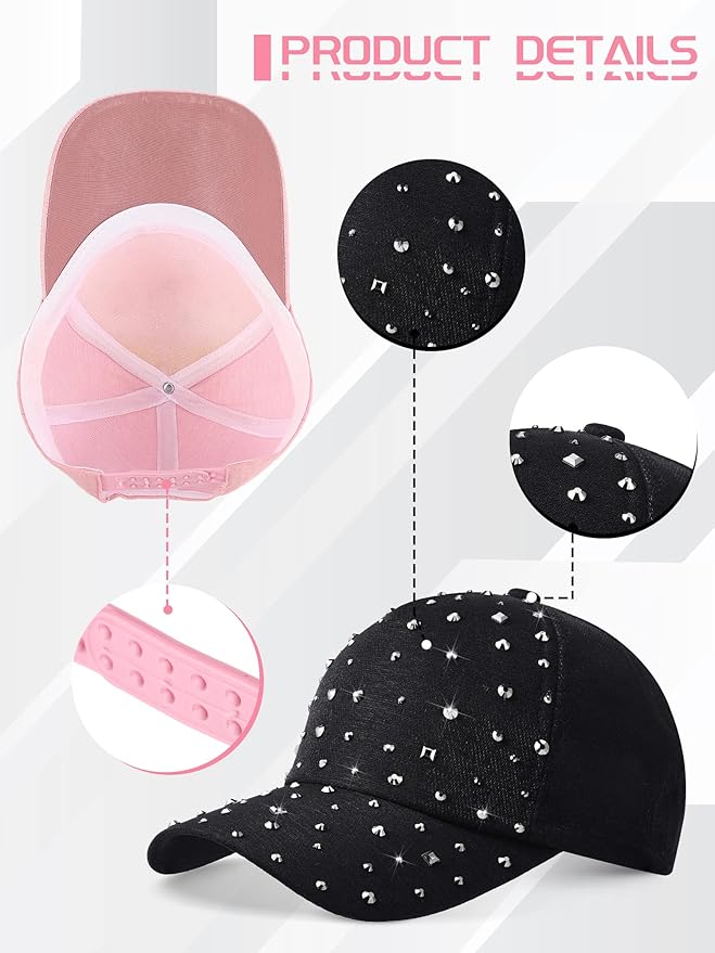 Loopeer 2 Pcs Adjustable Breathable Rhinestone Baseball Cap for Women Men Sequins Casual Sports Cap Rhinestone Hat