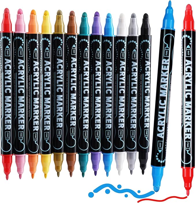 12 Colors Waterproof Dual Tip Acrylic Paint Pens, Dot & Fine Tip Premium by nauets