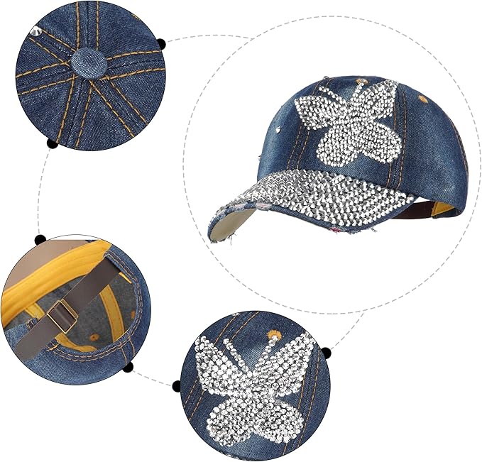 Hoce Fashion Rhinestone Denim Baseball Cap Studded Bling Hat for Women