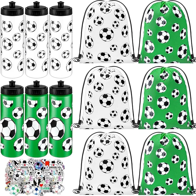 Funnymoom 24 Pcs Soccer Water Bottles Drawstring Bag Set with 50 Sticker Soccer Party Favors 12 Reusable Sports Squeeze Water Bottles 20oz 12 Soccer Goodie Gift Bag for Soccer Team Gifts Players Gym