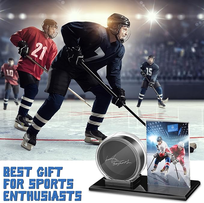 DoubleFill Hockey Puck and Card Display Case Acrylic Clear Holder Black Base Ring Stand Set Hockey Puck Centerpieces Protector Memorabilia Showcase