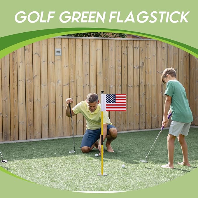 Meooeck 1 Pack Golf Flagstick 3ft Putting Green Pin Flag and Hole Cup Set for Yard Portable 2 Section Fiberglass Mini Golf Set for Driving Range Backyard, Double-side American Flag