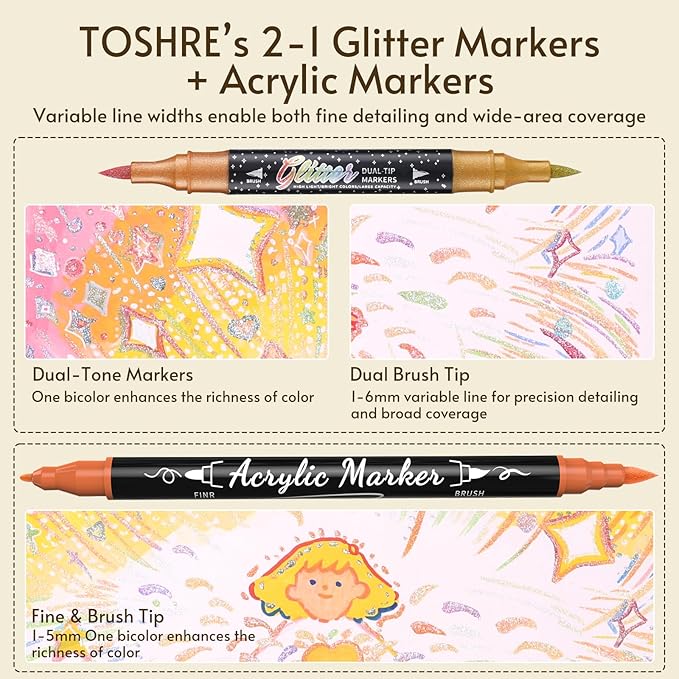 TOSAHRE 72 Colors Dual Tip Glitter Markers & Acrylic Marker Set Paint Pens 24 - Image 3