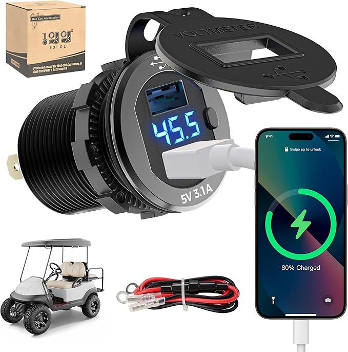 10L0L 9V-55V Input Golf Cart Quick Charge 3.0 Dual USB Charging Socket,2 in 1 USB Ports & Digital Voltmeter Universal for Club Car,EZGO and Yamaha,Metal Shell Safe Charge Outlet