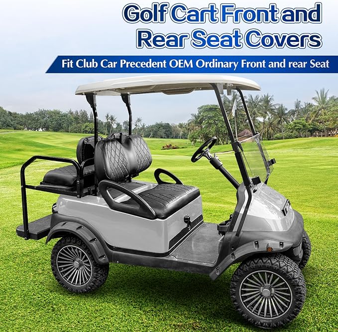 NOKINS 4PCS Golf Cart Diamond Seat Covers Kit,Front and Rear Seat Covers for Club Car Precedent/EZGO TXT/Yamaha Original Regular Seat Cushion (Black&Black Stitching, Club Car Precedent)