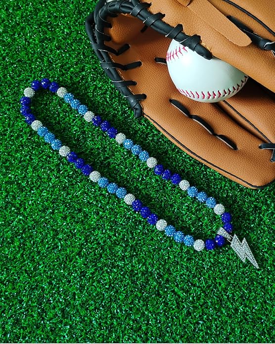 Baseball Necklace for Men 16/18/20 Inch Bling Ice Collection Lightning Bolt Pendant Necklace for Women Rhinestone Clay Beaded Discoball Accessories Gifts for Baseball Team Players Lovers